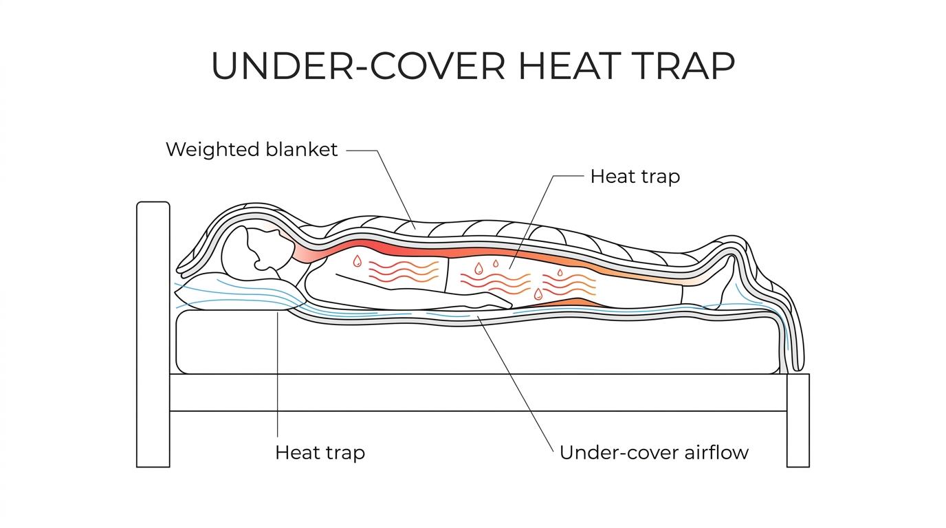 Cutaway view of a sleeper under a weighted blanket showing trapped heat and humidity near the body and cooler airflow moving between the sheets.