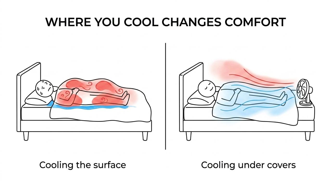 Side-by-side comparison of a bed fan moving air under the covers around the body versus a mattress cooler changing only the mattress surface temperature.
