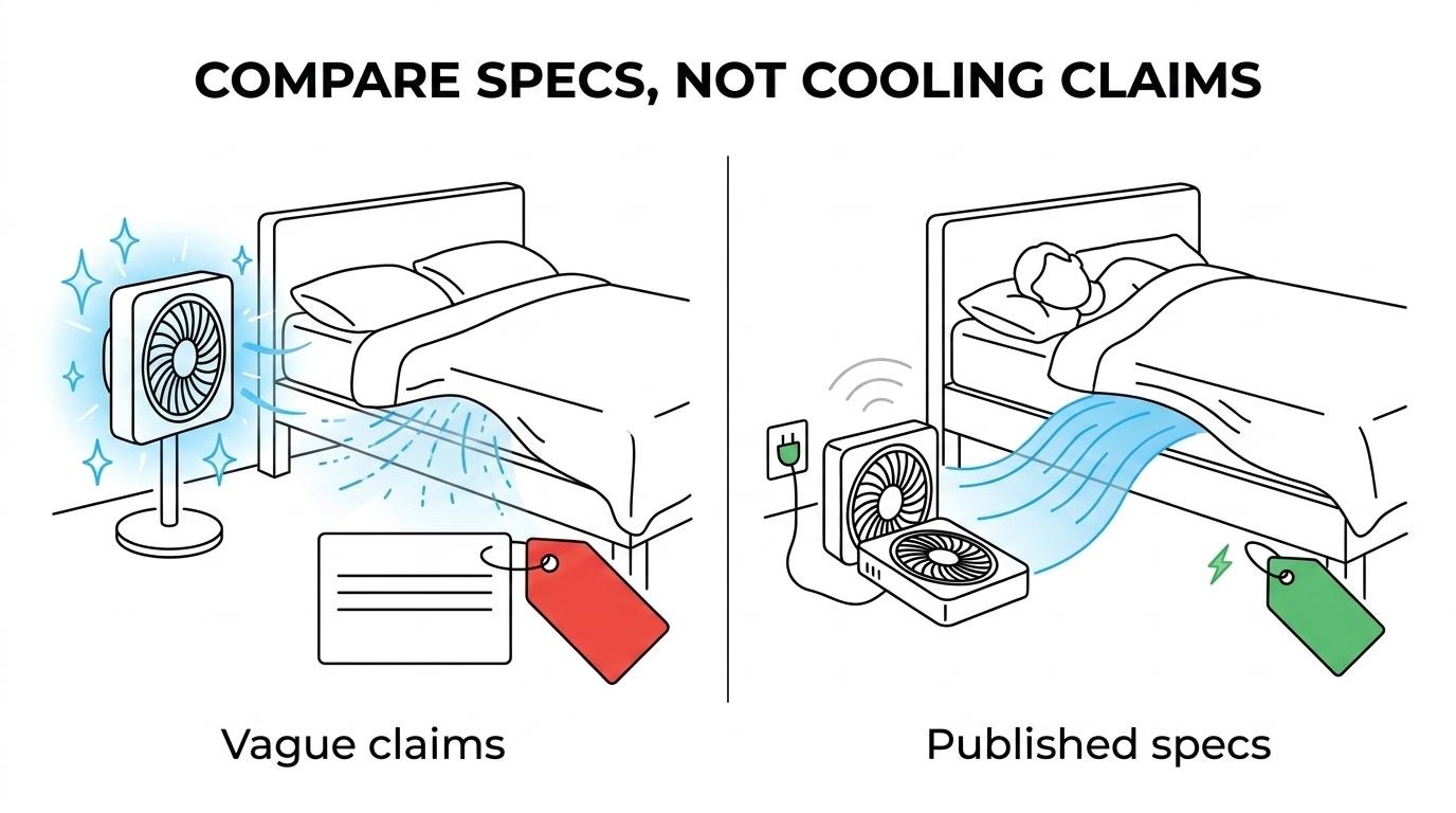 Side-by-side comparison of Breezel, bFan, BedJet, and simpler cooling options showing cooling method, published noise and power details, and price differences.