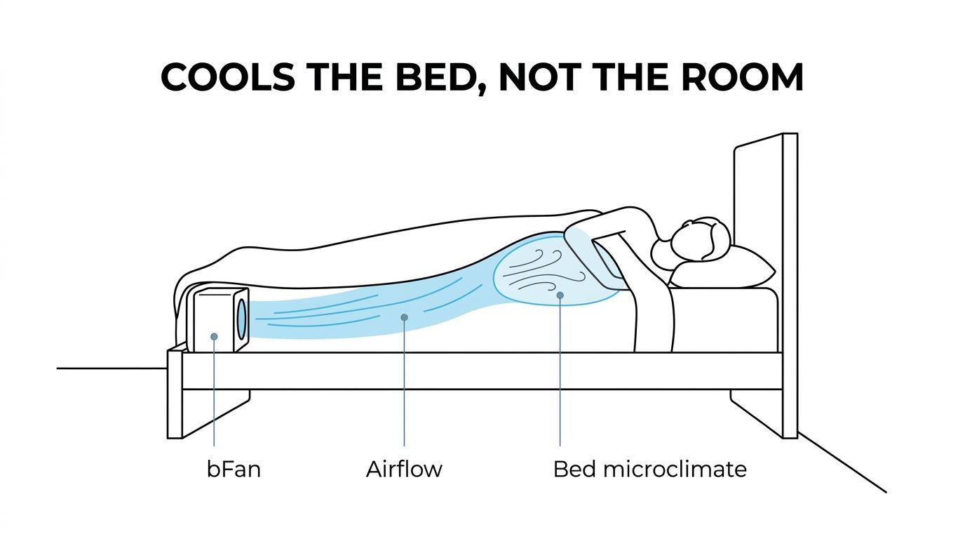 Labeled bed diagram showing a sleeper under sheets, trapped heat and humidity around the body, and bFan airflow moving room air between the sheets.