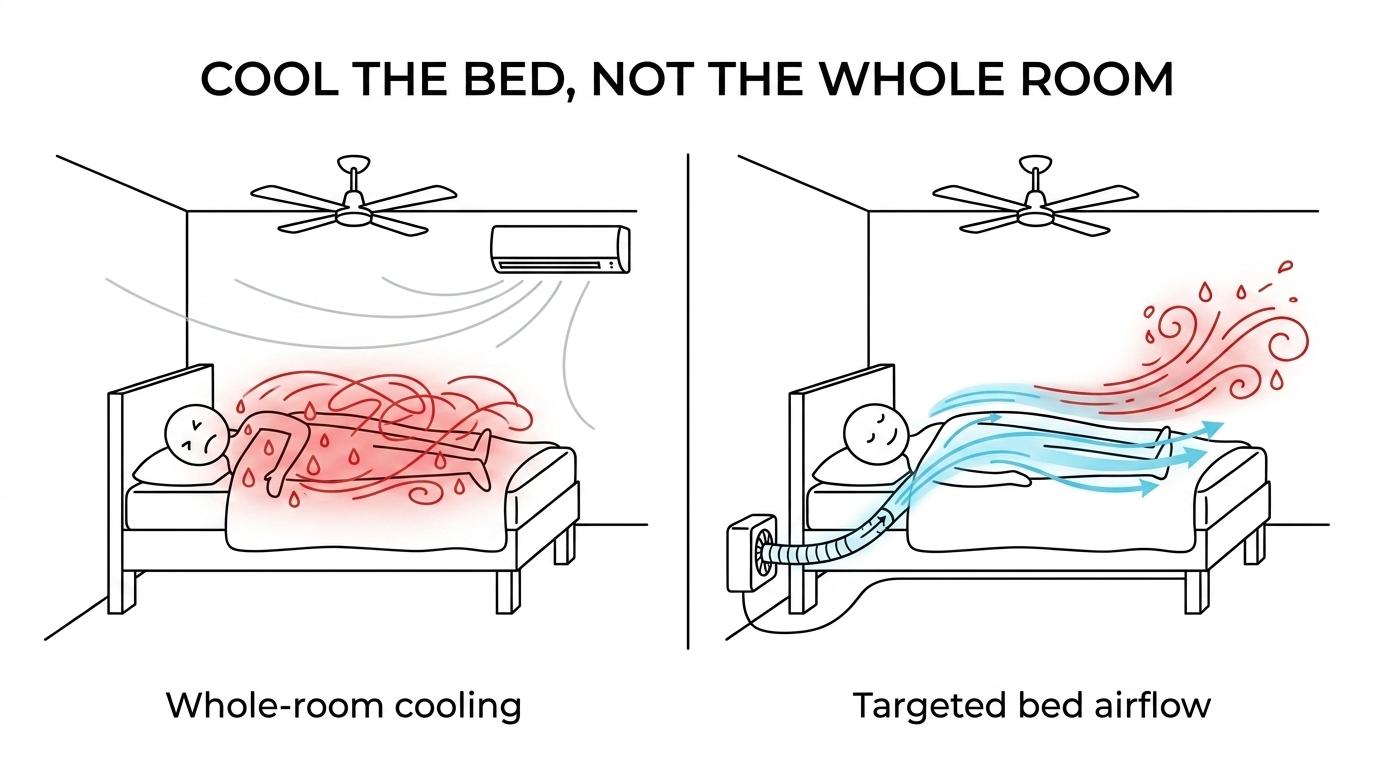 Side-by-side view of whole-room cooling versus a bed fan directing airflow under the covers.