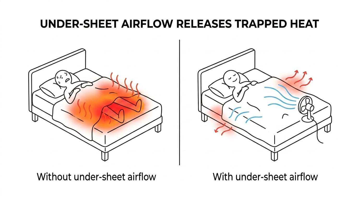 Side-by-side bed scene showing trapped heat and sweat under blankets versus a bFan sending airflow between the sheets to cool the sleeper.