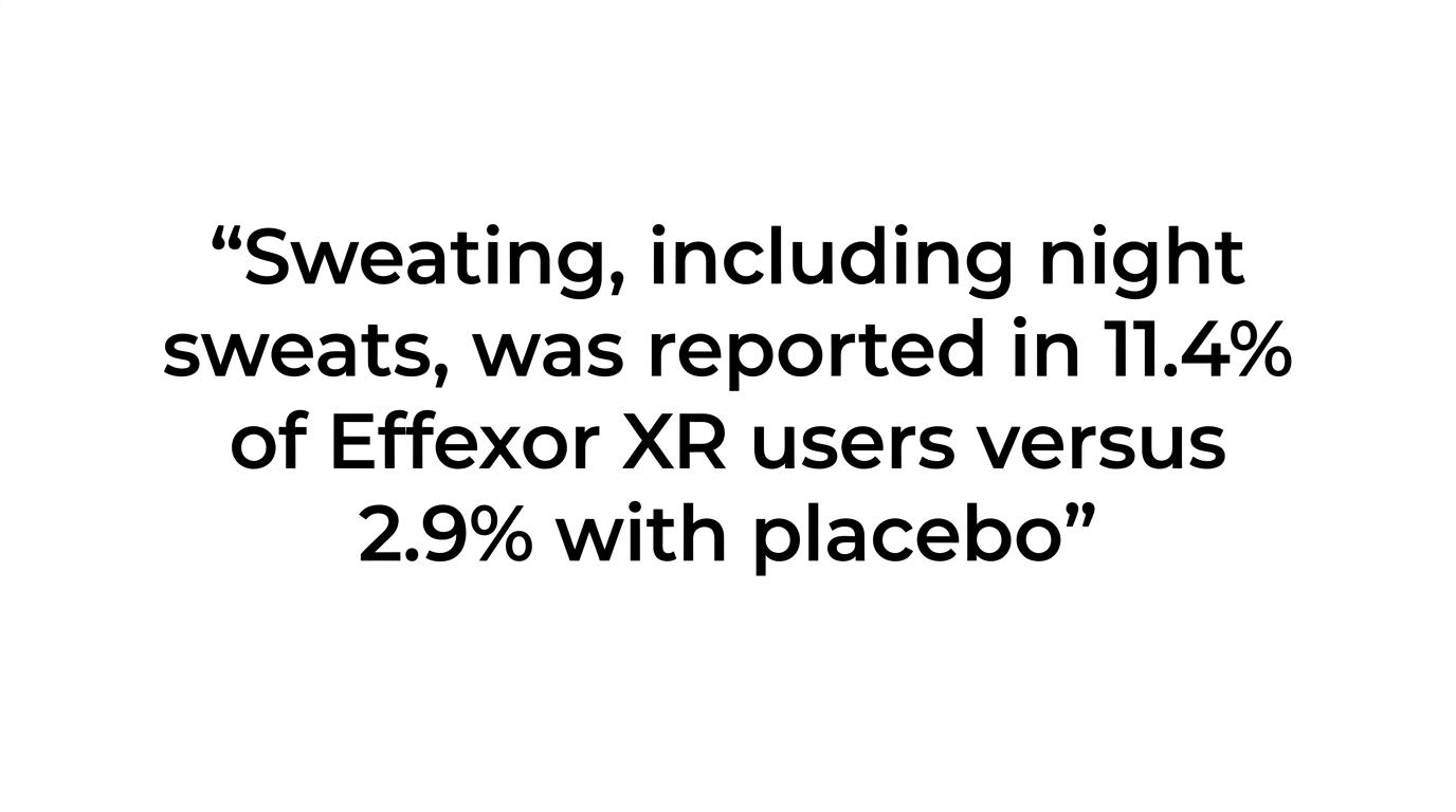 Quote card highlighting that Effexor XR labeling reports sweating, including night sweats, in 11.4% of users versus 2.9% with placebo.