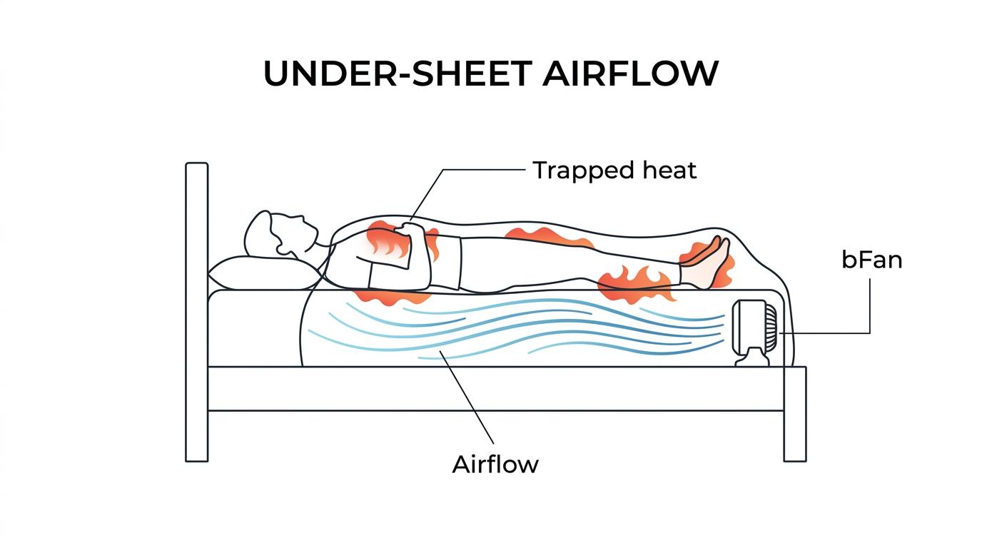 Labeled bed diagram showing a sleeper under covers with heat trapped around the body and airflow from a bed fan moving under the sheets.