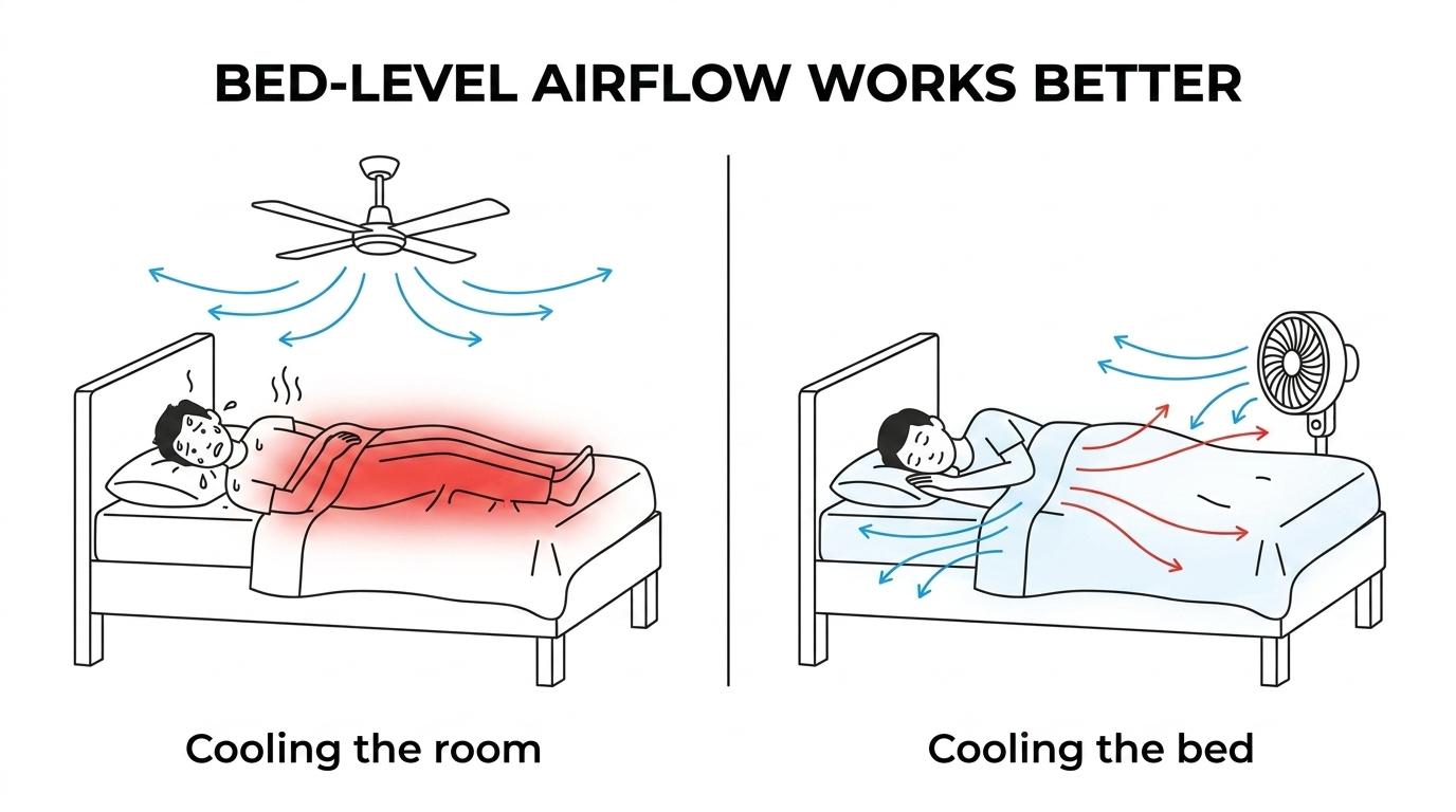 Side-by-side comparison of a sleeper overheating under blankets with room air moving around the bed versus a sleeper cooled by airflow directed between the sheets from a bed fan.