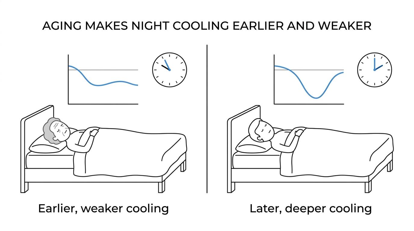Side-by-side comparison of younger and older adults’ nighttime body temperature patterns, showing an earlier and flatter cooling curve in the older sleeper.