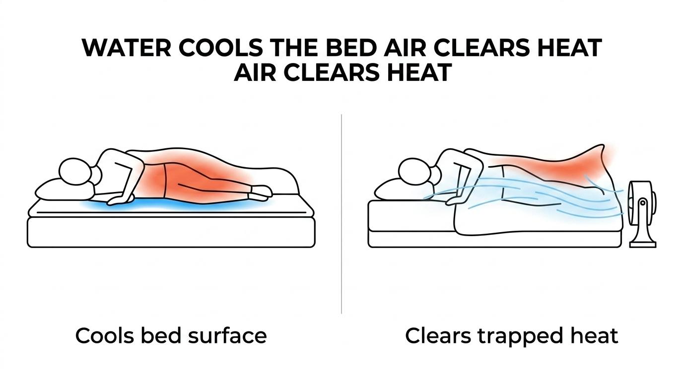 Side-by-side view of a water-cooled mattress pad and a bed fan blowing cool room air between the sheets.