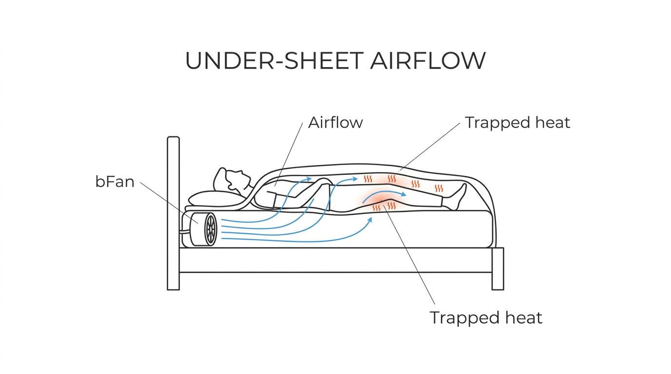 Side cutaway of a bed showing cool air from a bed fan flowing between the sheets and carrying heat away from a sleeper.