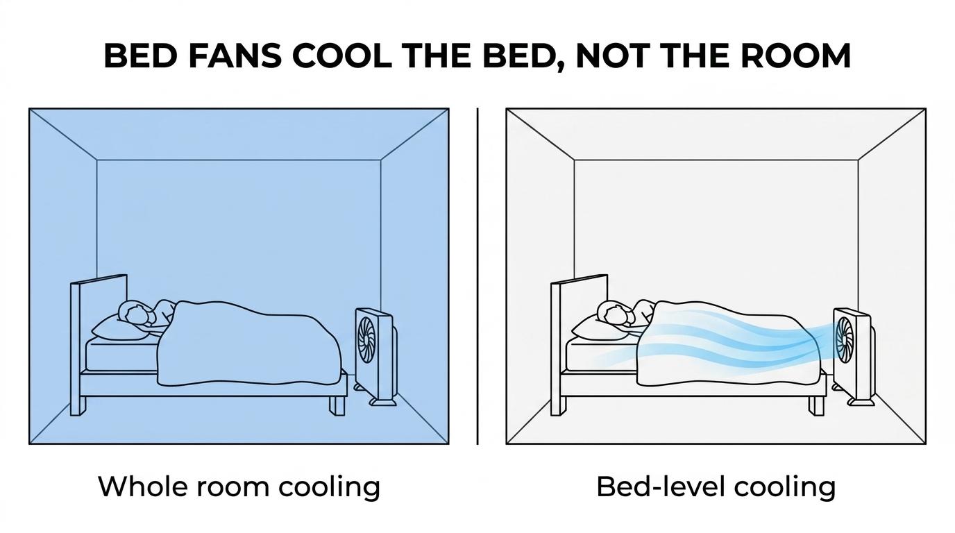 Side-by-side comparison of a bed fan moving air under blankets, a room fan circulating bedroom air, and an AC cooling the whole room.
