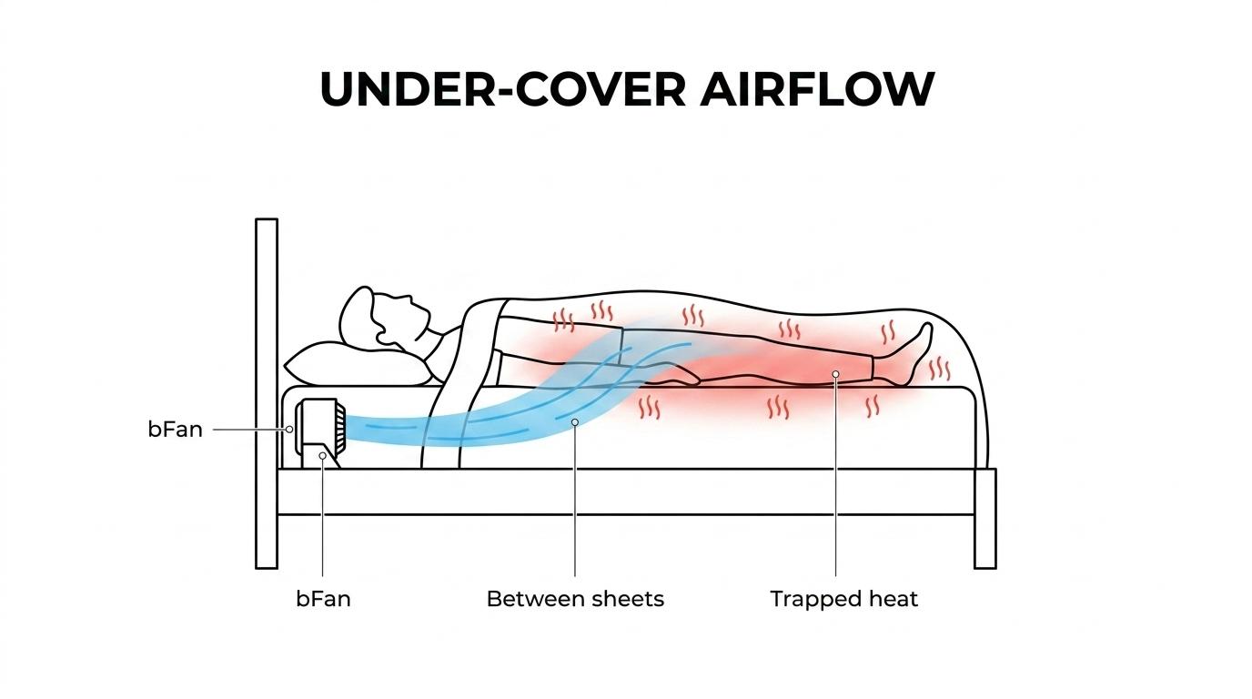 Cutaway view of a bed showing trapped heat under the blankets and a bFan directing airflow between the sheets toward the sleeper.