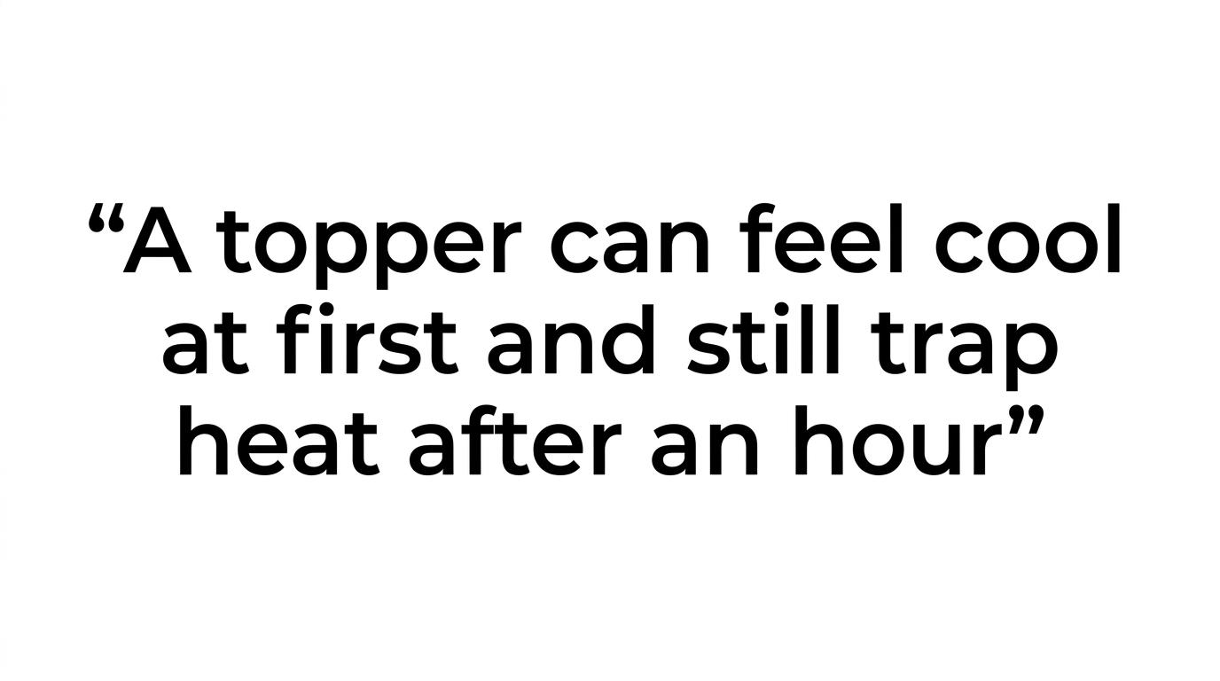Large text quote highlighting that a topper can feel cool at first but still become stuffy overnight.