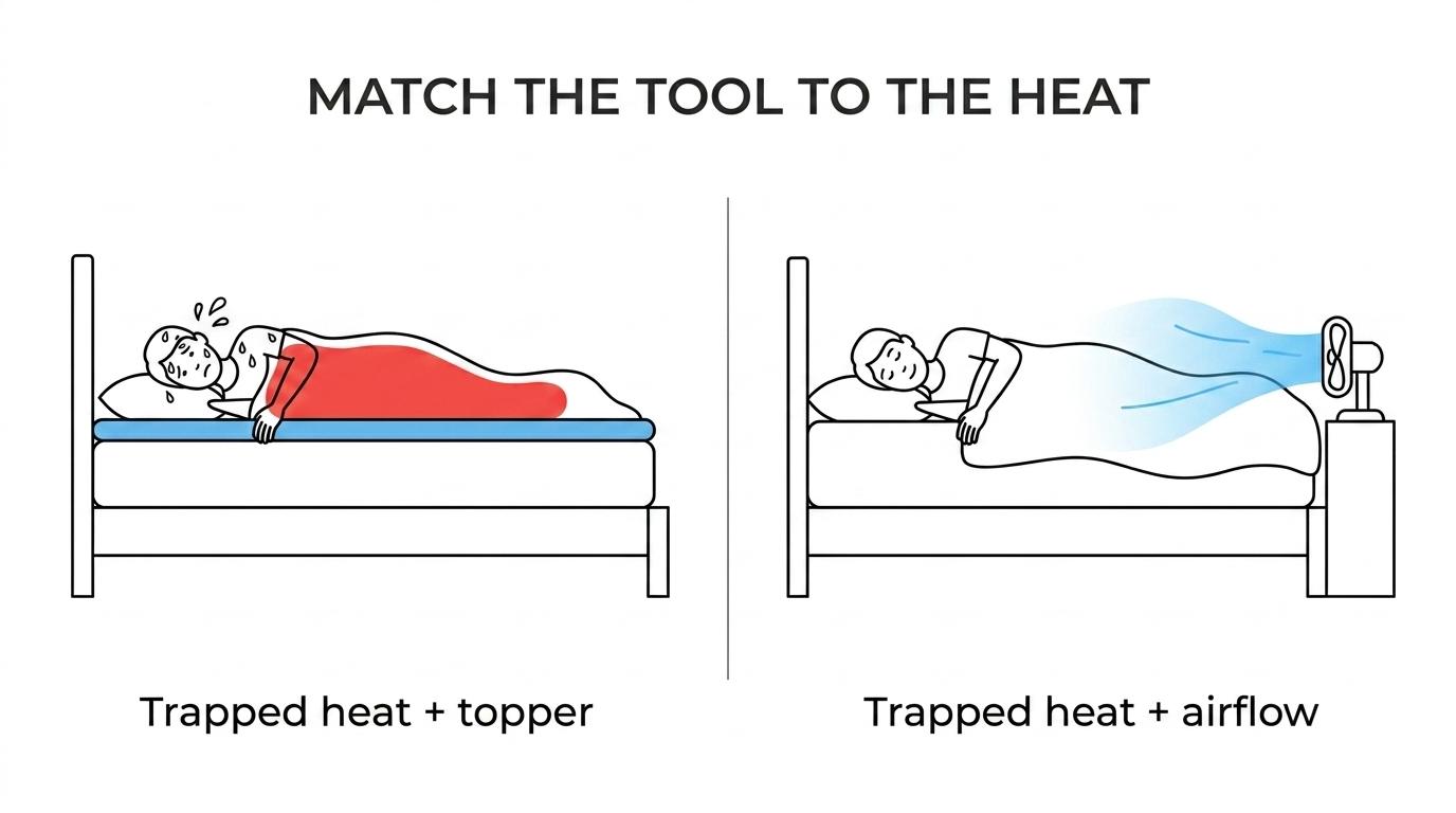 Side-by-side comparison of a cooling topper, a bed fan moving air under the sheets, and an active cooling mattress cover, showing what each one cools best.