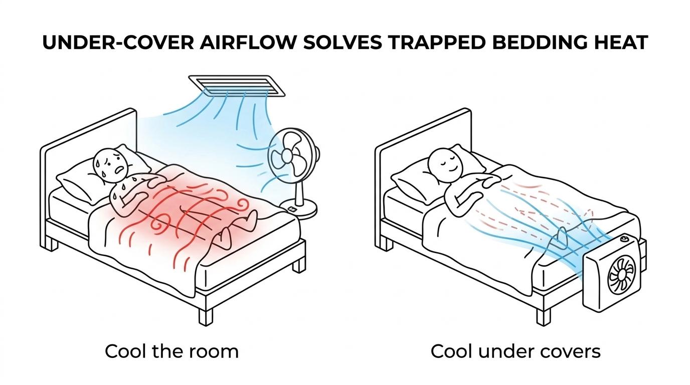 Side-by-side comparison of a person overheating under blankets in a normal cool room versus targeted airflow between the sheets removing trapped heat.