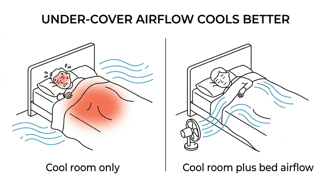 Side-by-side bed cutaway showing trapped heat under blankets versus a bed fan pushing cool room air between the sheets.