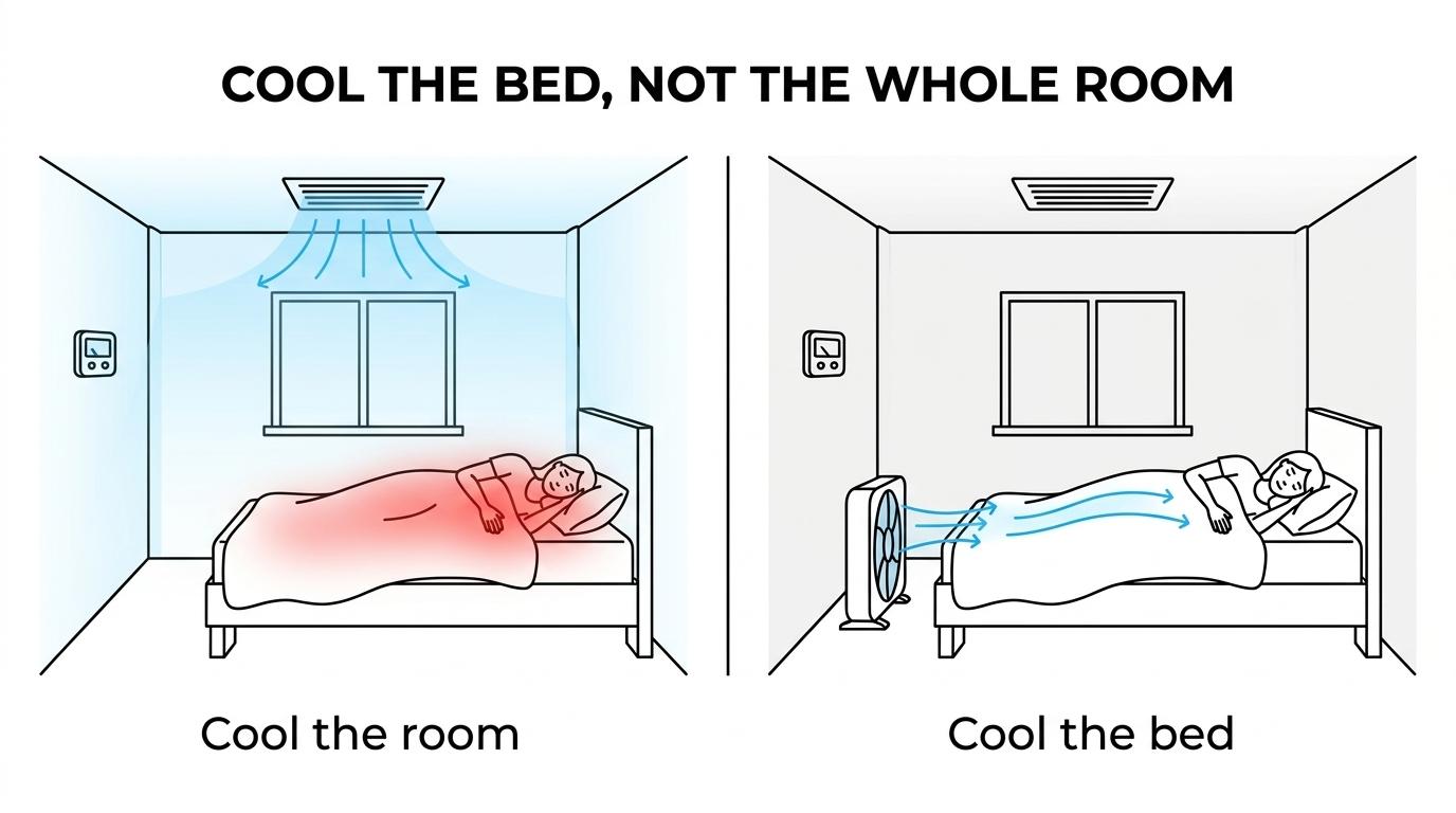 Side-by-side comparison of whole-room air conditioning cooling an entire bedroom versus bFan directing airflow between the sheets on the bed.