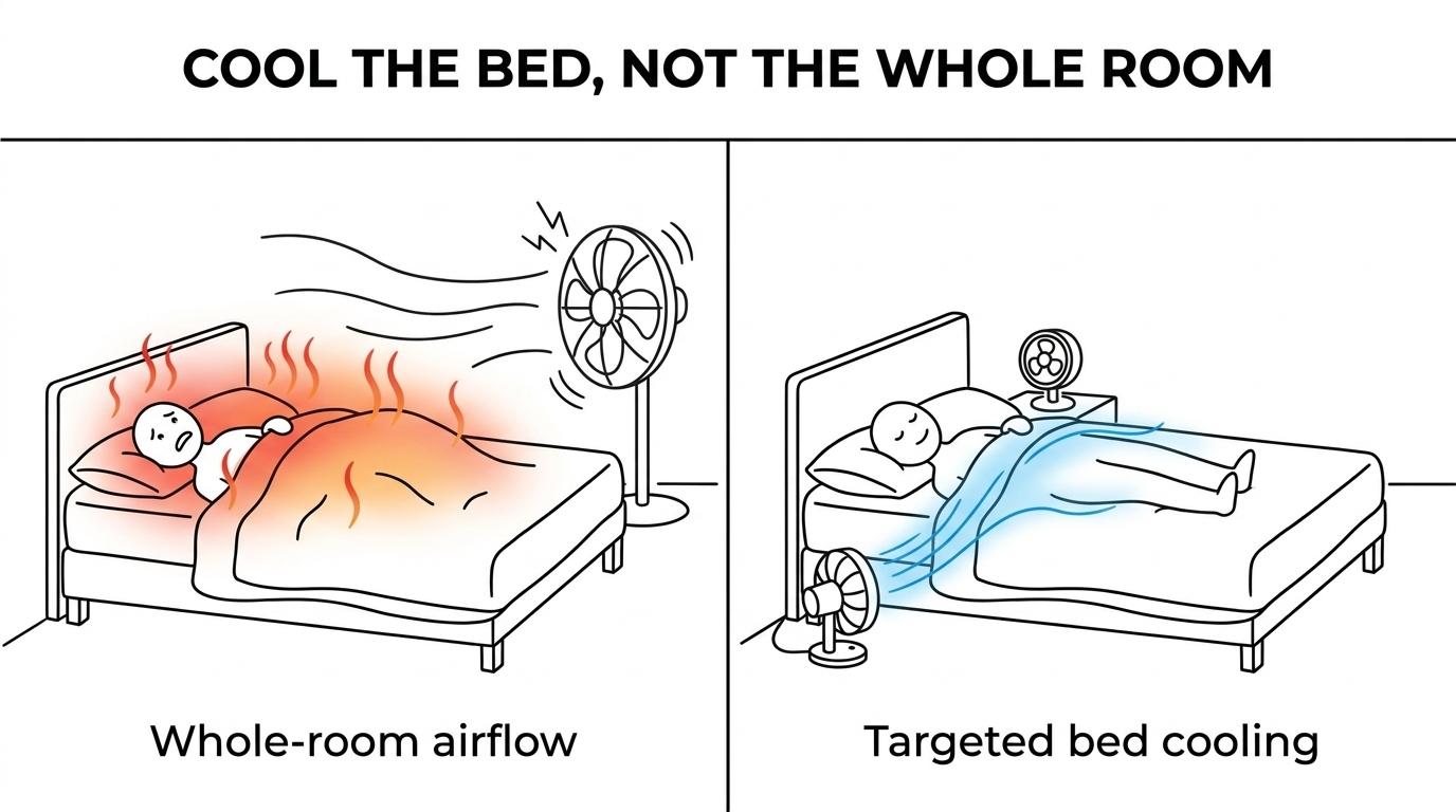 Side-by-side view of a regular room fan cooling a bedroom and a bed fan sending air between the sheets toward a sleeper.