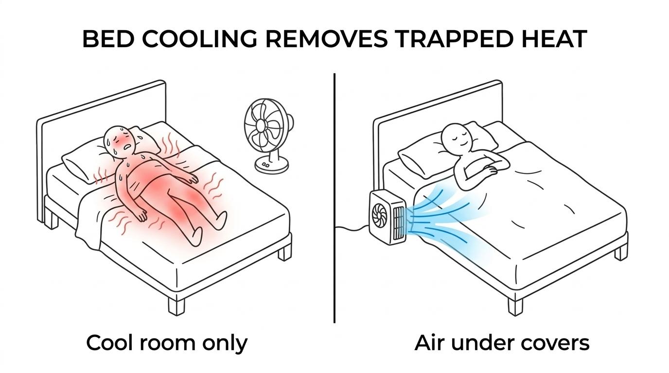 Side-by-side view of a bedroom cooled by a room fan versus a bed fan pushing air under the covers.