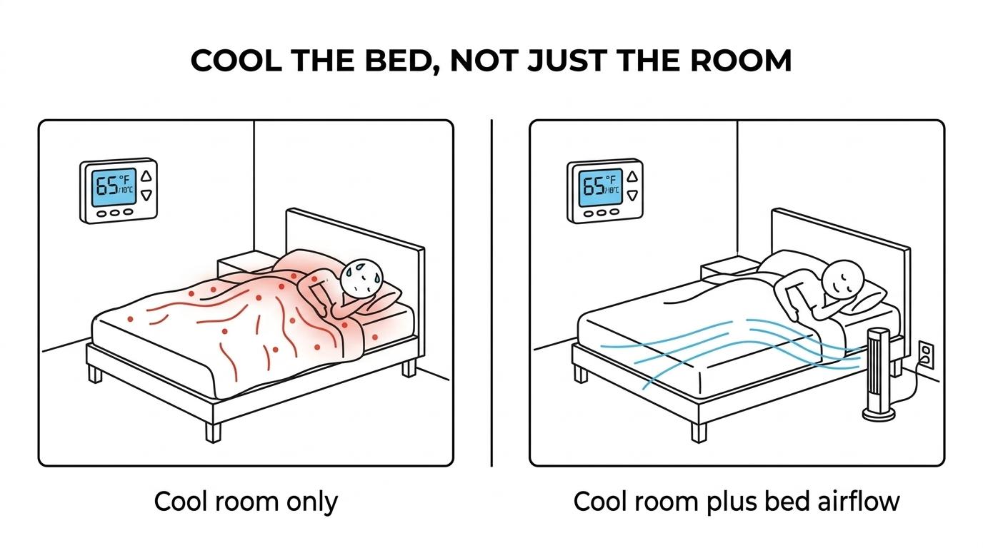 Side-by-side comparison of a cool bedroom thermostat reading and a warmer under-the-covers bed microclimate with trapped heat around a sleeper.