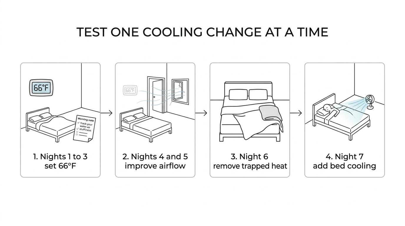 A weeklong sleep-cooling plan showing four stages: set room temperature, improve ventilation, lighten bedding, and add bed airflow.