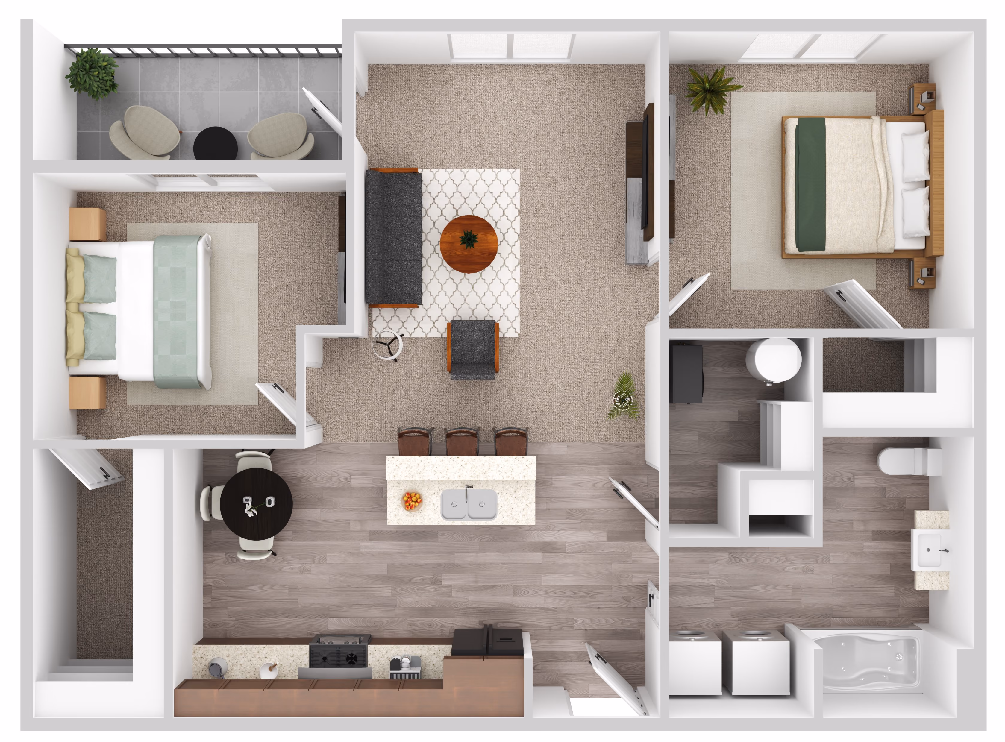 2 bedroom 1 bathroom floorplan at Sunset Villas Apartments, Sioux Falls SD - 935 sq ft