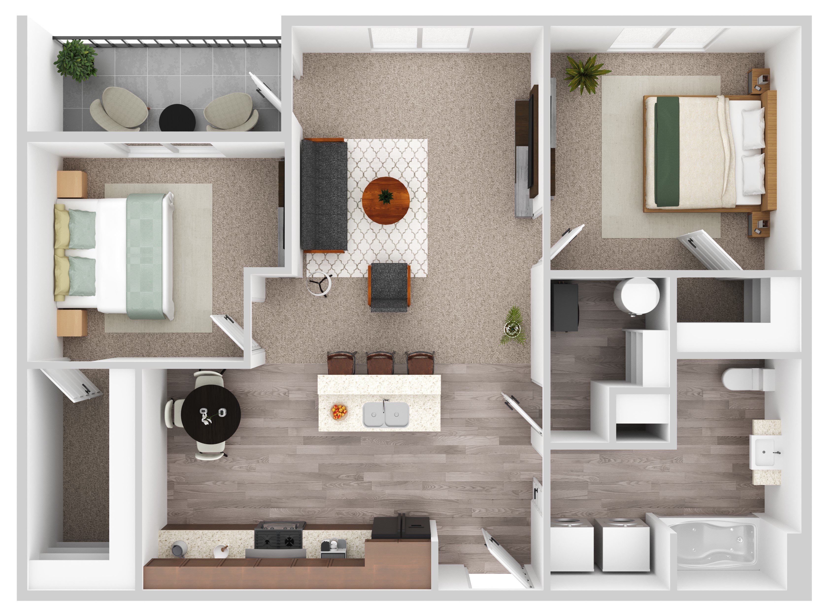 2 bedroom 1 bathroom floorplan at Sunset Villas Apartments, Sioux Falls SD - 935 sq ft