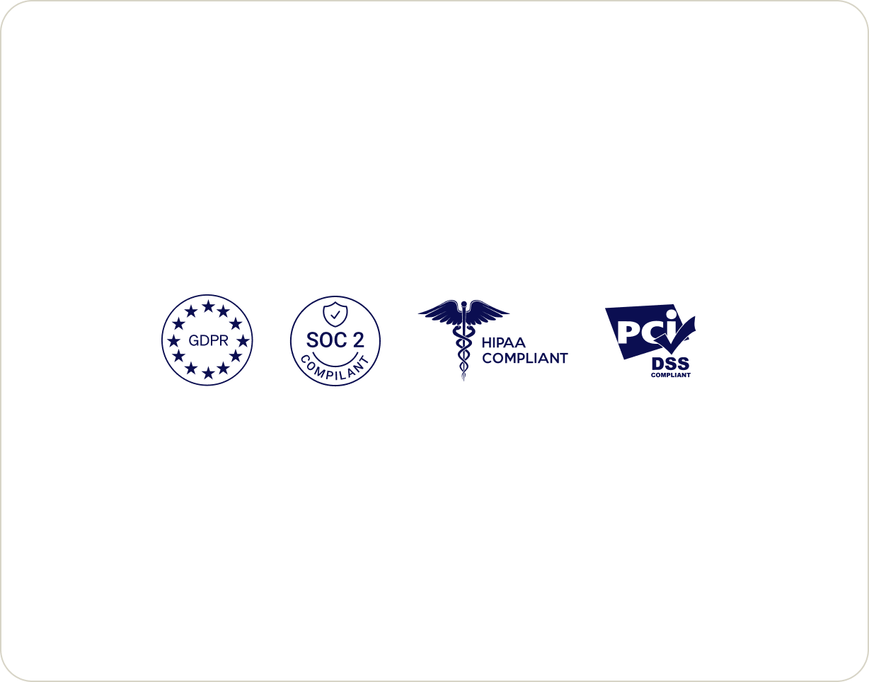 Security and compliance certification logos including GDPR, SOC 2, HIPAA, and PCI DSS.