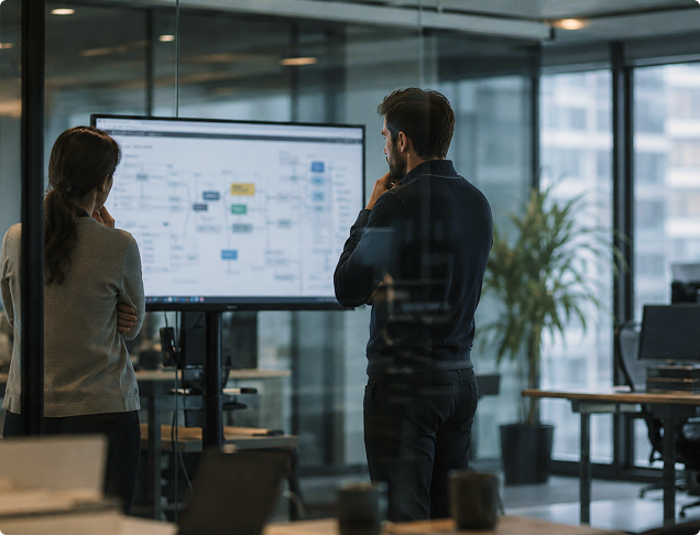 Insurance professionals analyzing claims workflow on a digital dashboard powered by AI.
