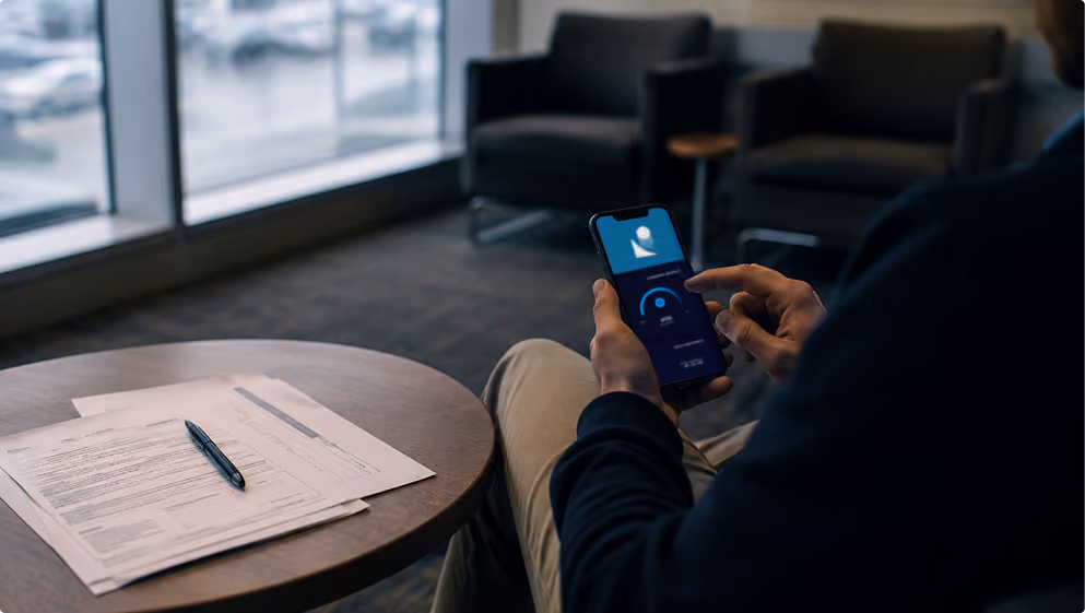 Person using a smartphone app while sitting at a round table with papers and pen indoors.