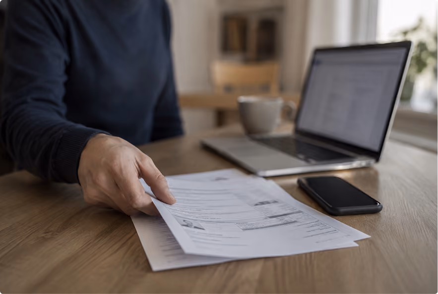 Person reviewing insurance documents at a desk with a laptop, illustrating automated data entry and rating integration.