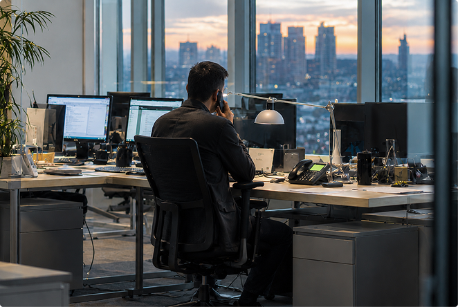 Office employee working at a desk with multiple monitors in a modern workspace.