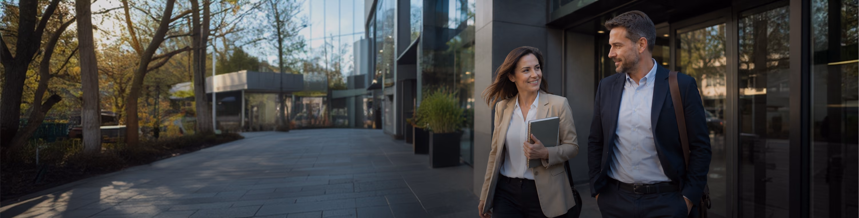 Two business professionals walking and talking outside a modern office building in daylight.