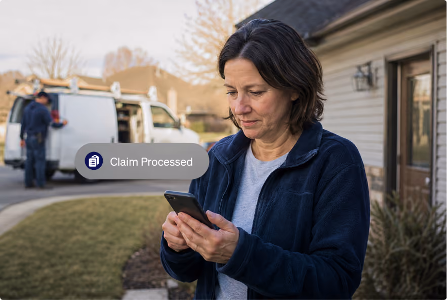 Homeowner checking the status of an insurance claim on a smartphone outside a residential property.