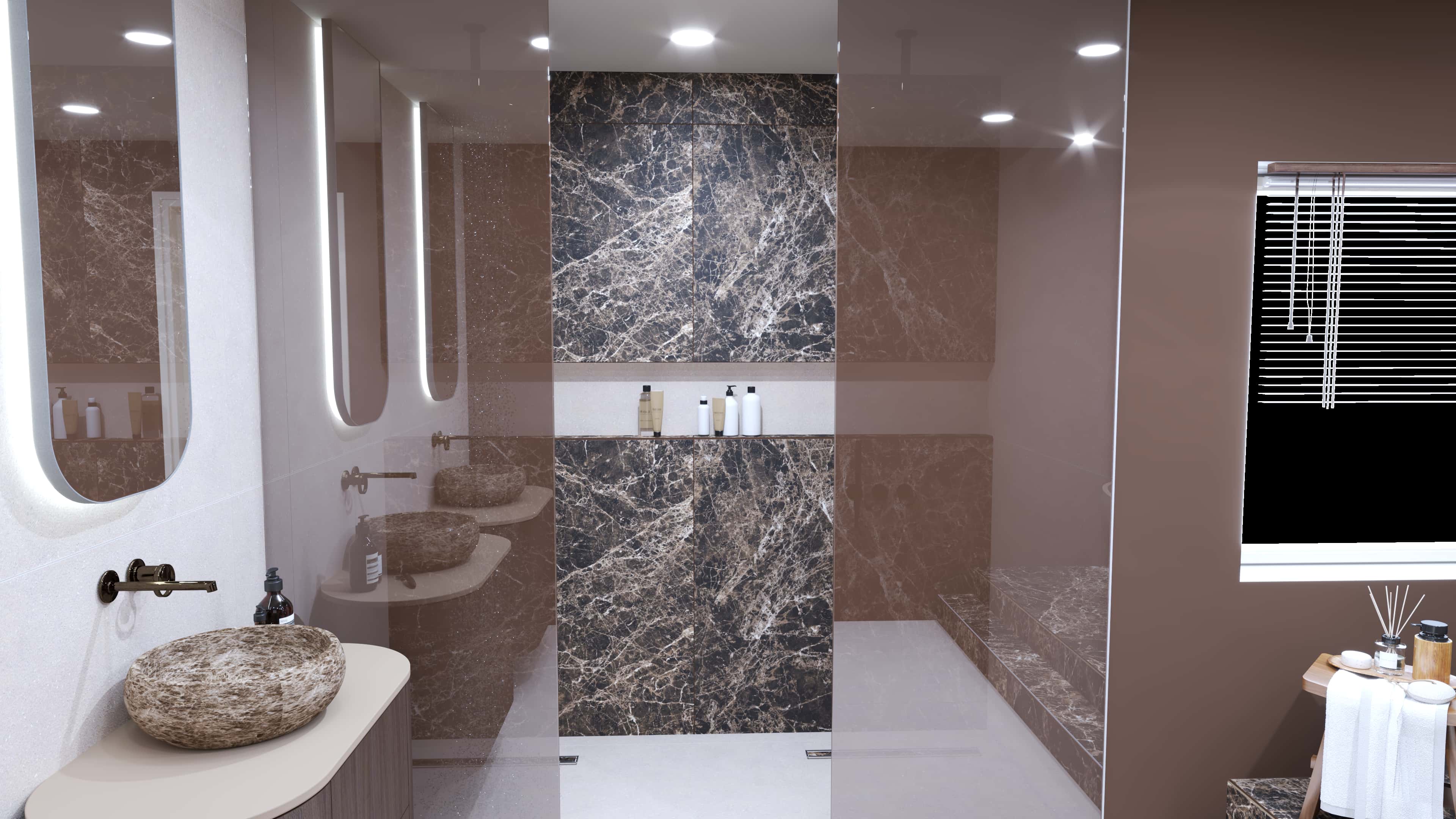 Gentleman Classic meets Japandi badkamer in Amsterdam met inloopdouche en donker marmeren wand