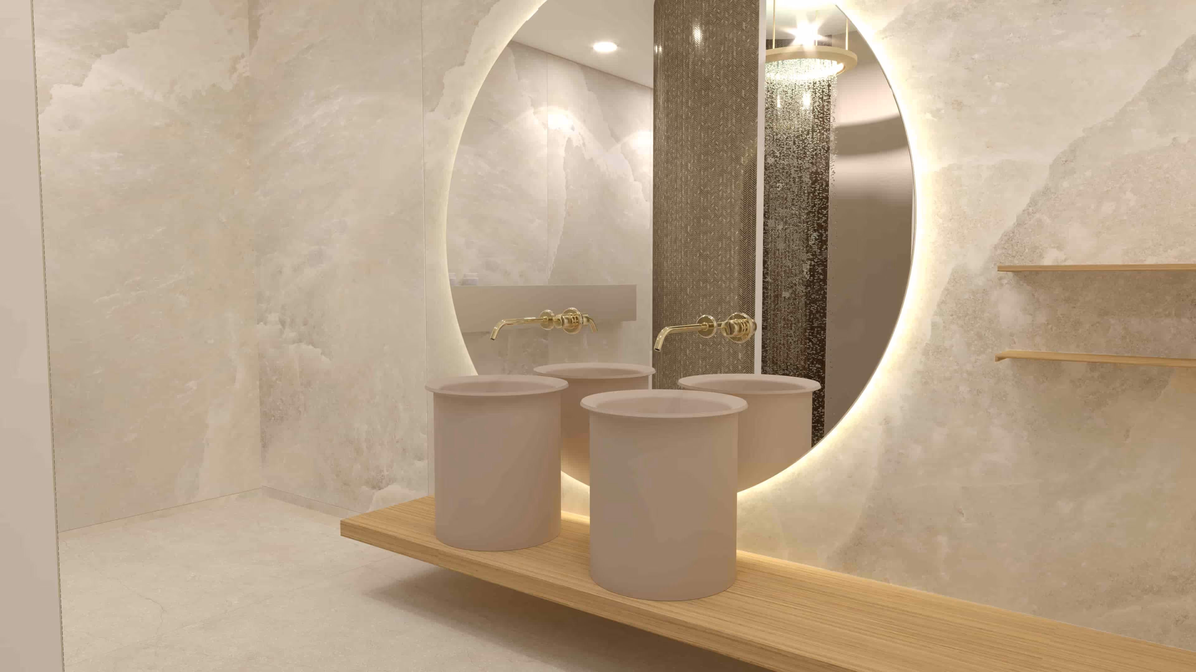 Urban Chique badkamer in Haarlem met ronde verlichte spiegel en cilindrische wastafels