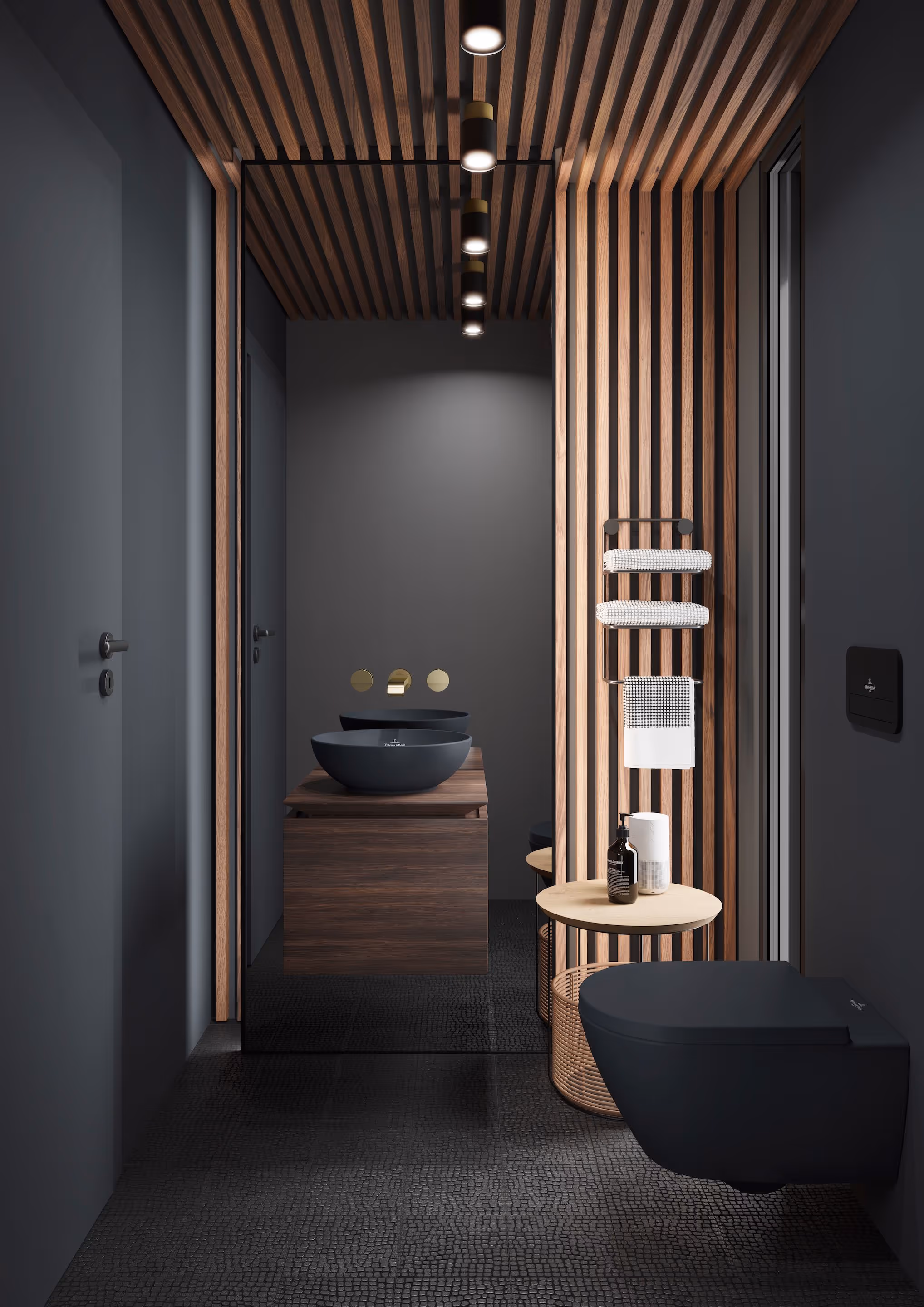 Gentleman Classic toilet met houten lamellenwand, zwart toilet en zwarte kom-wastafel
