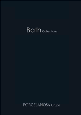 Magazine-cover Porcelanosa Bath Collections, donkerblauw met witte titel
