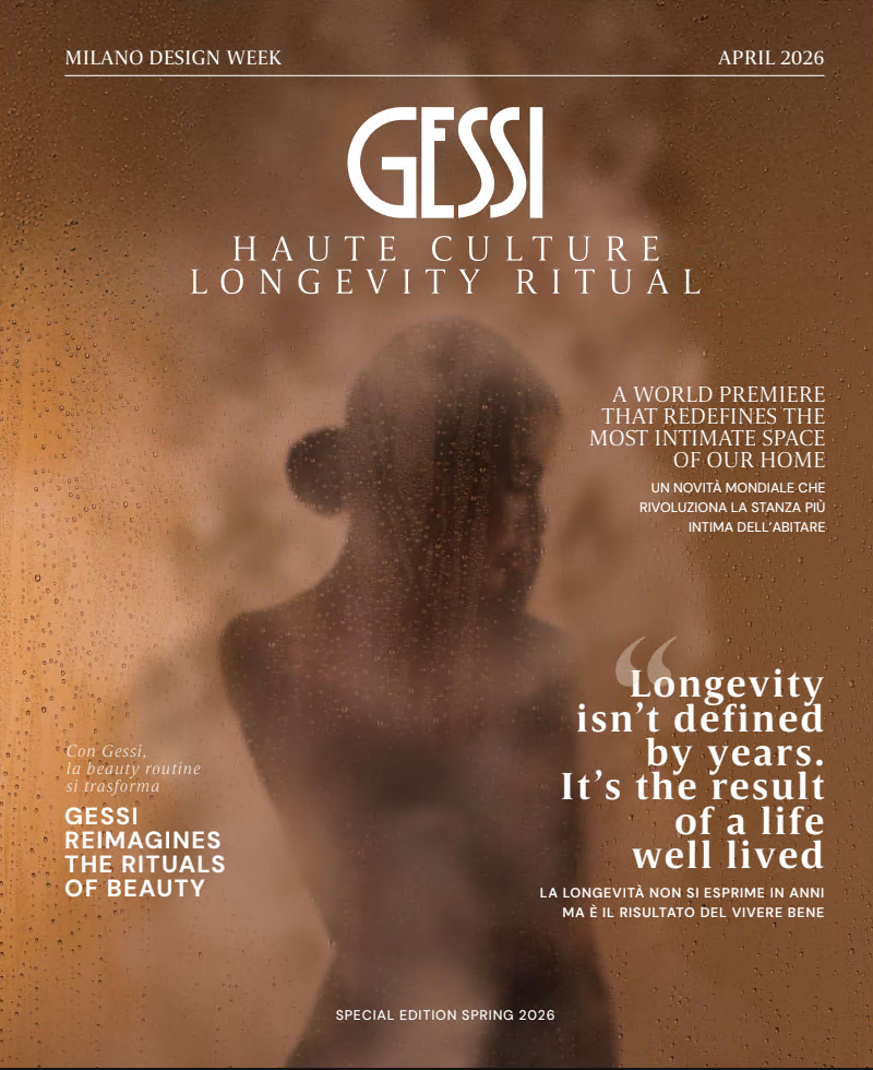 Magazine-cover Gessi Haute Culture Longevity Ritual met silhouet van een vrouw in bronzen mist
