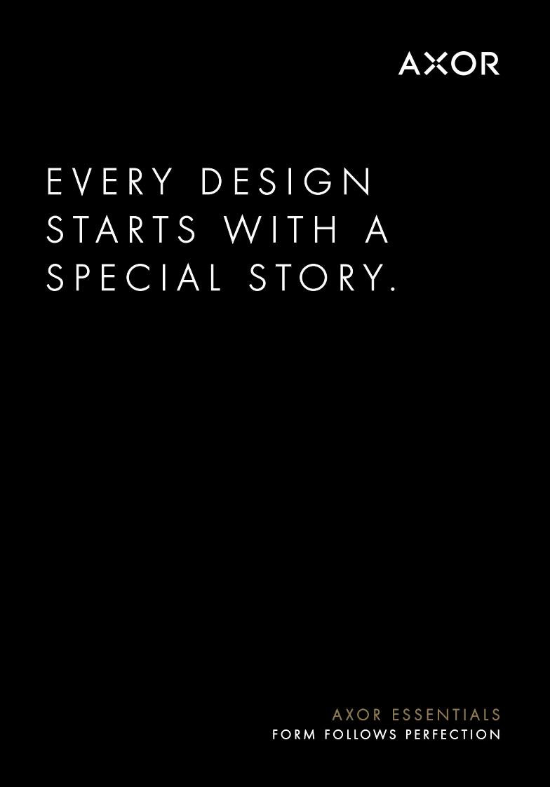 Magazine-cover AXOR Essentials, zwart met de tekst Every design starts with a special story