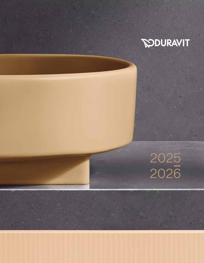 Magazine-cover Duravit 2025-2026 met een ovale wastafel in zandkleur op een donkere plint