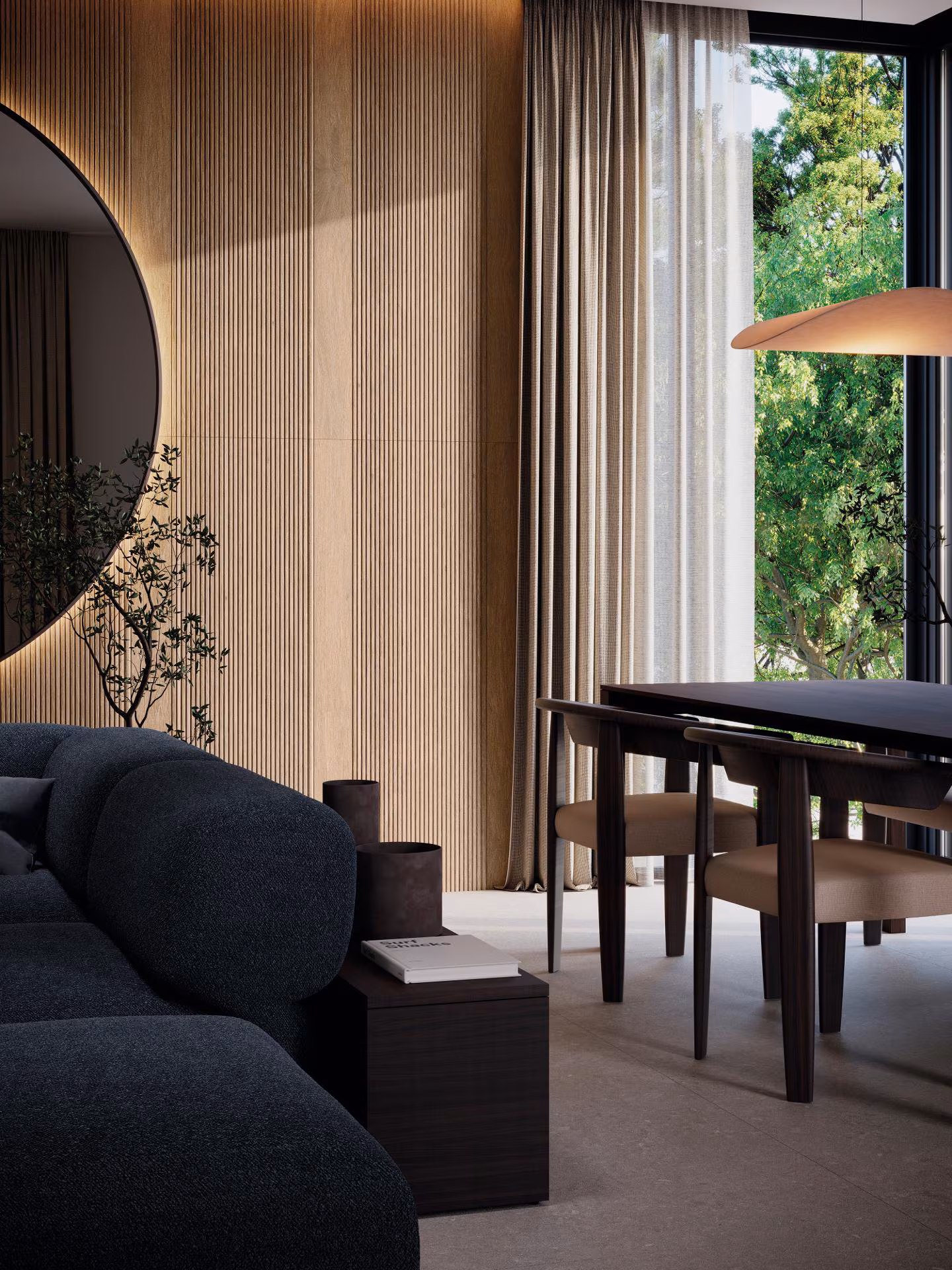 Stripe 3D London Arce wandtegel van Porcelanosa in woonkamer met ronde spiegel en eettafel