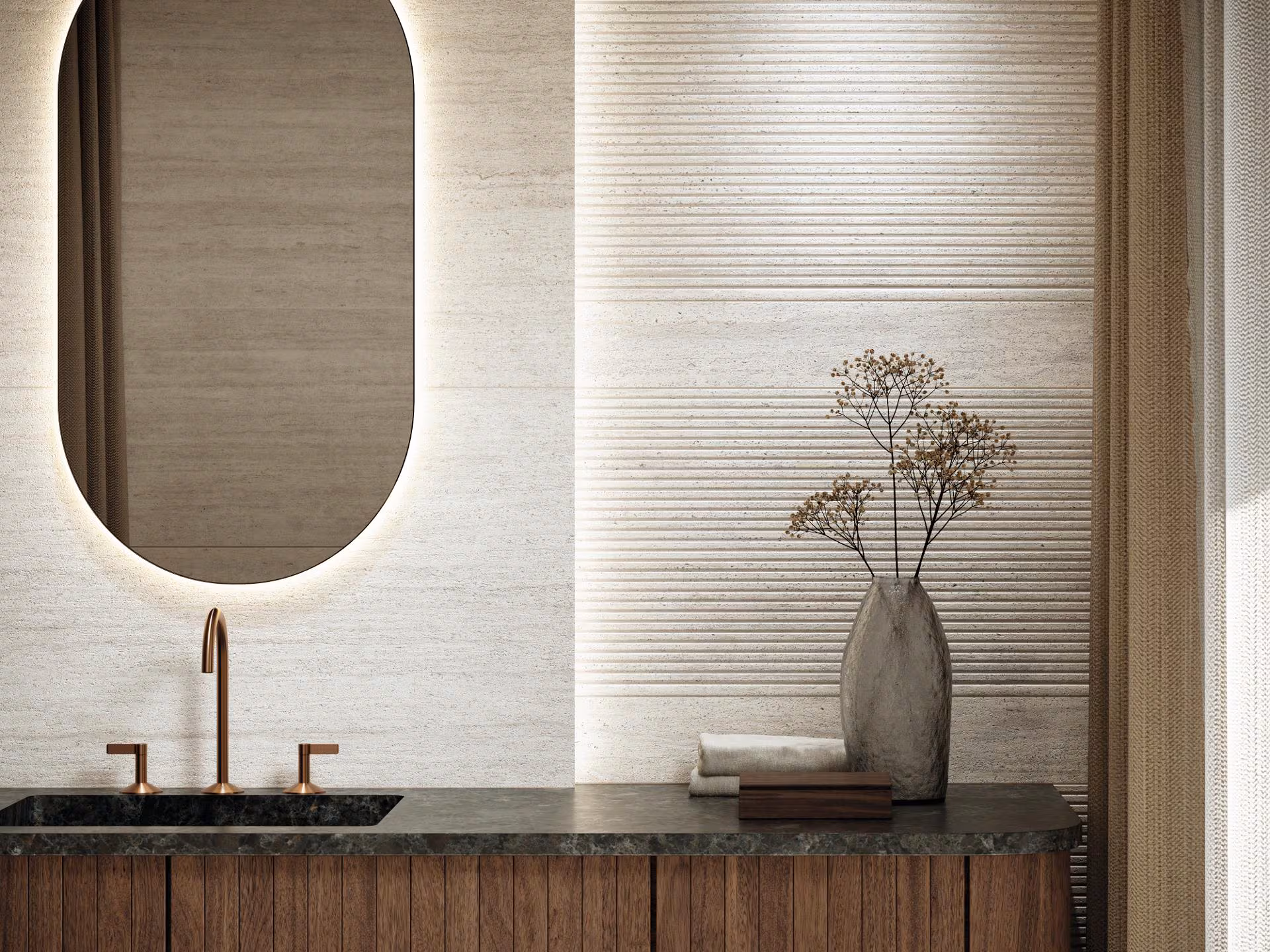 Stripe Taranto Bianco wandtegel van Porcelanosa in badkamer met ovale spiegel en wastafelmeubel