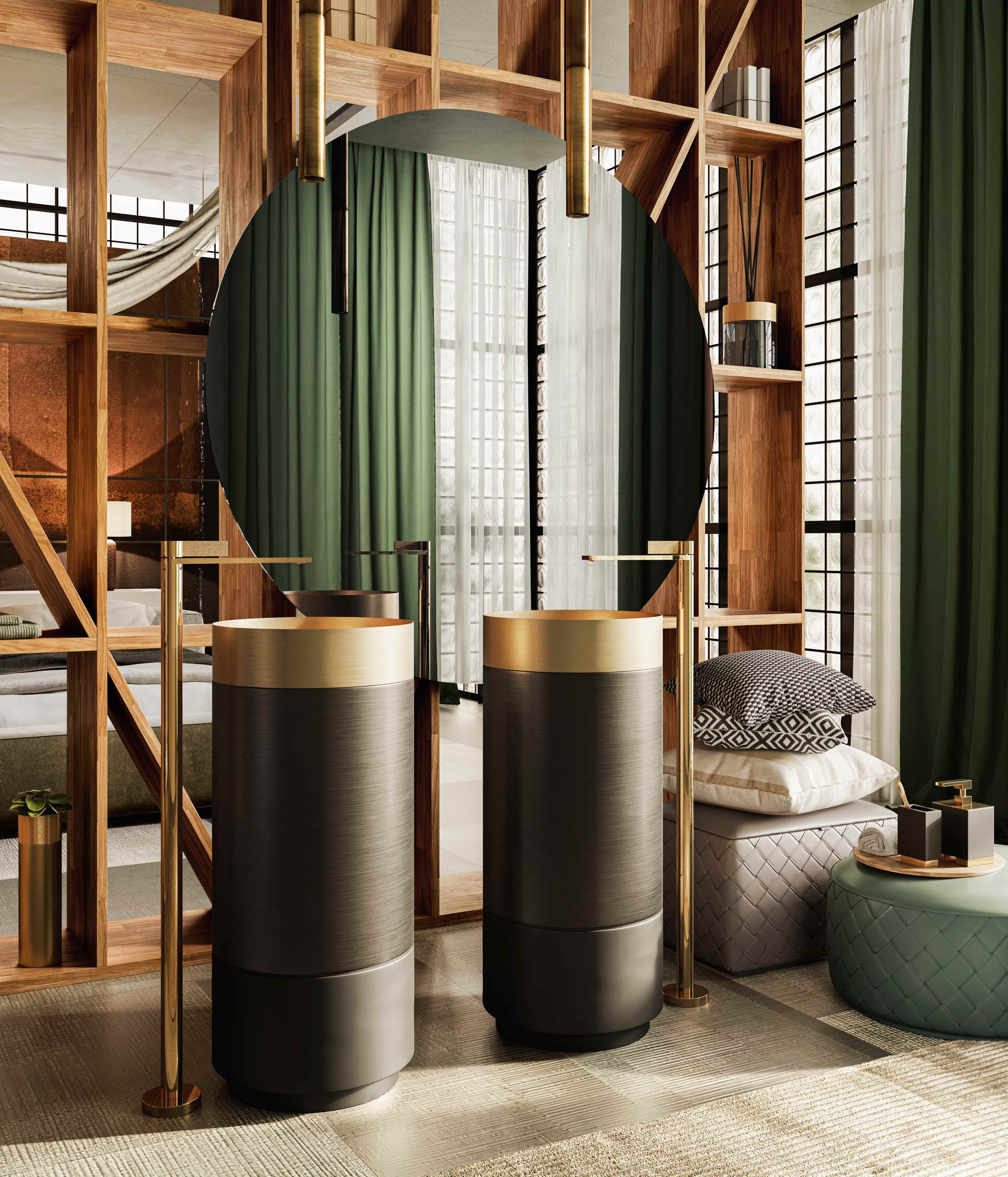 Gessi Inverso wastafelmeubels in brons met arched spiegel en groen gordijn