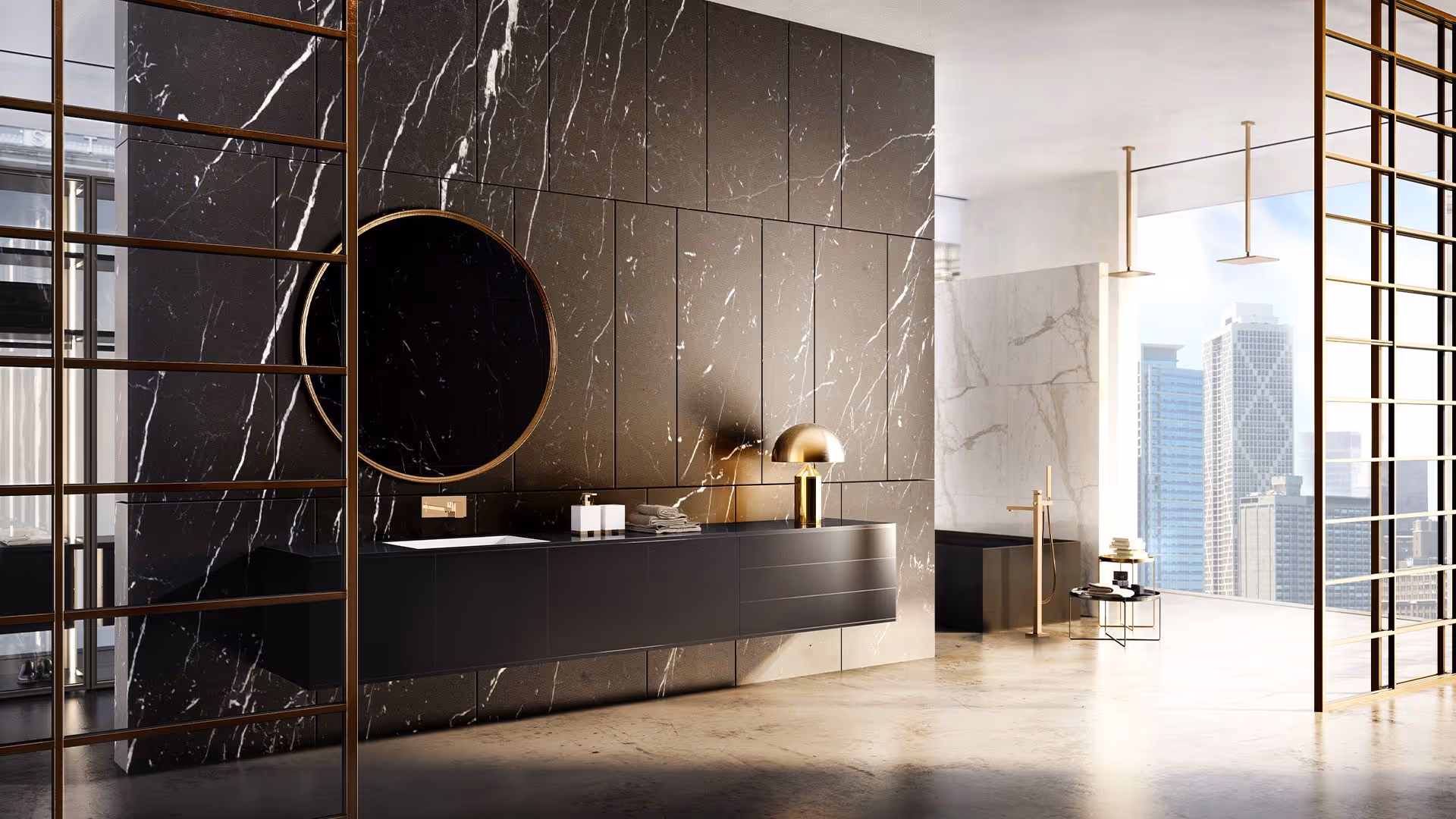 Gessi Rettangolo badkamer met zwart marmeren wand en rond wastafelmeubel