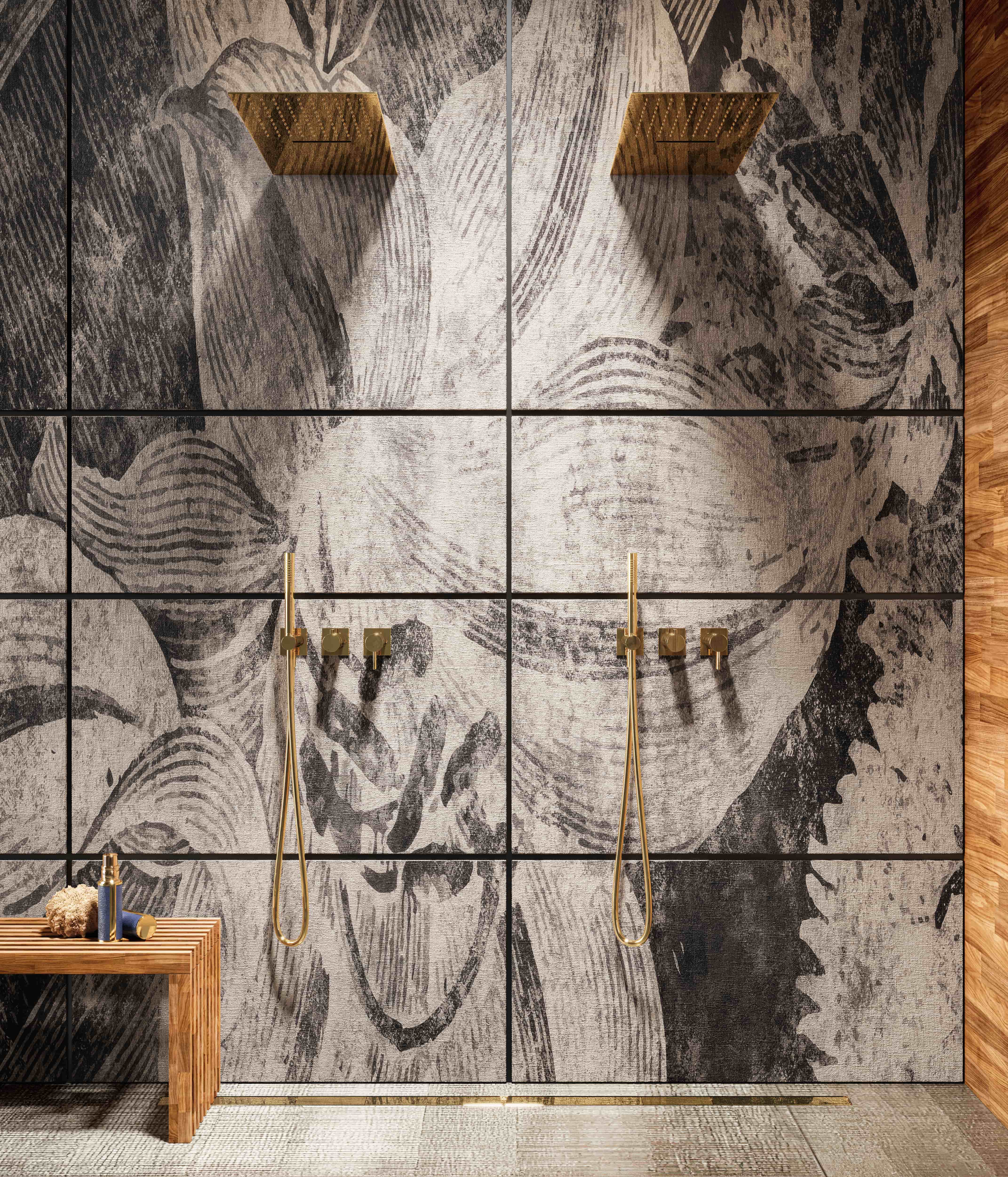 Gessi Inverso douchesysteem in brons tegen zwart gestructureerde wand