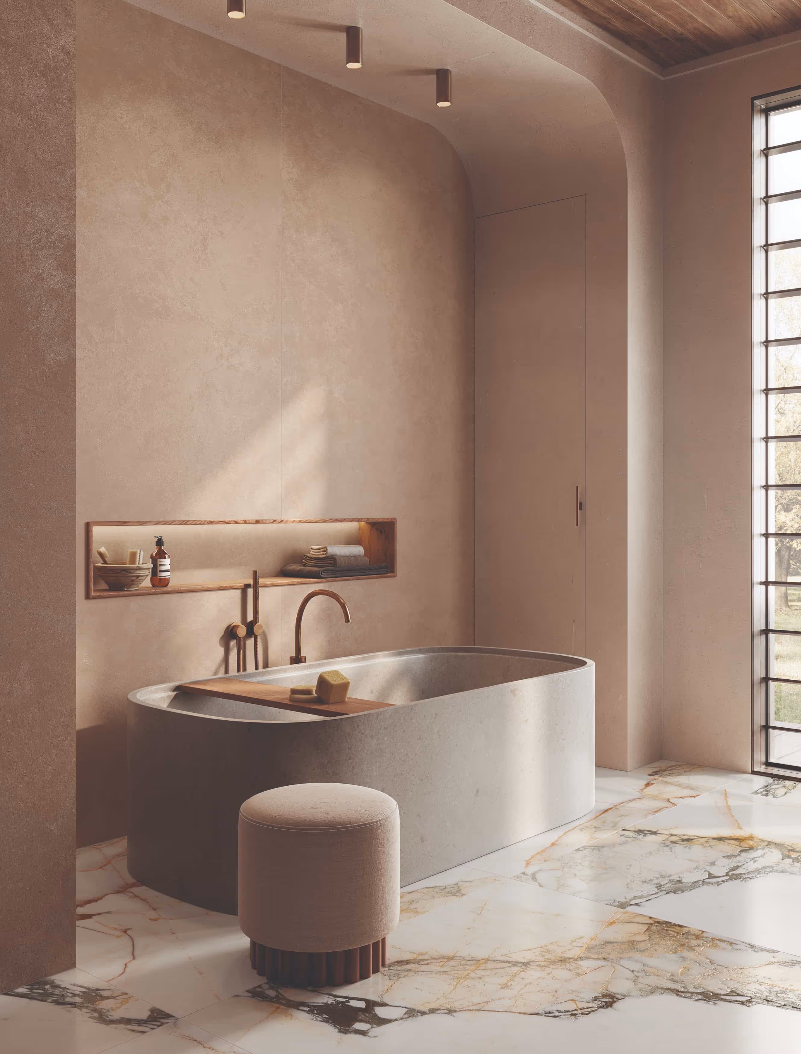 La Faenza marmerlook tegelvloer in taupe badkamer met vrijstaand bad