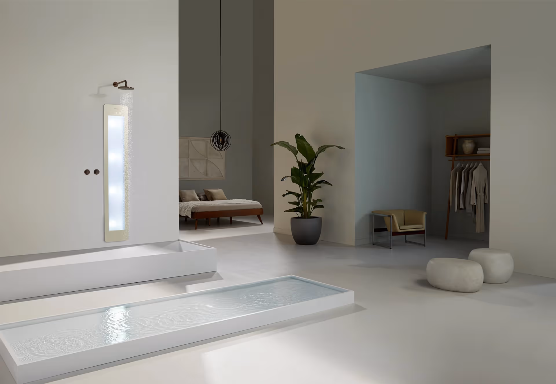 Sunshower Round Plus douchepaneel met uv-licht in minimalistische badkamer