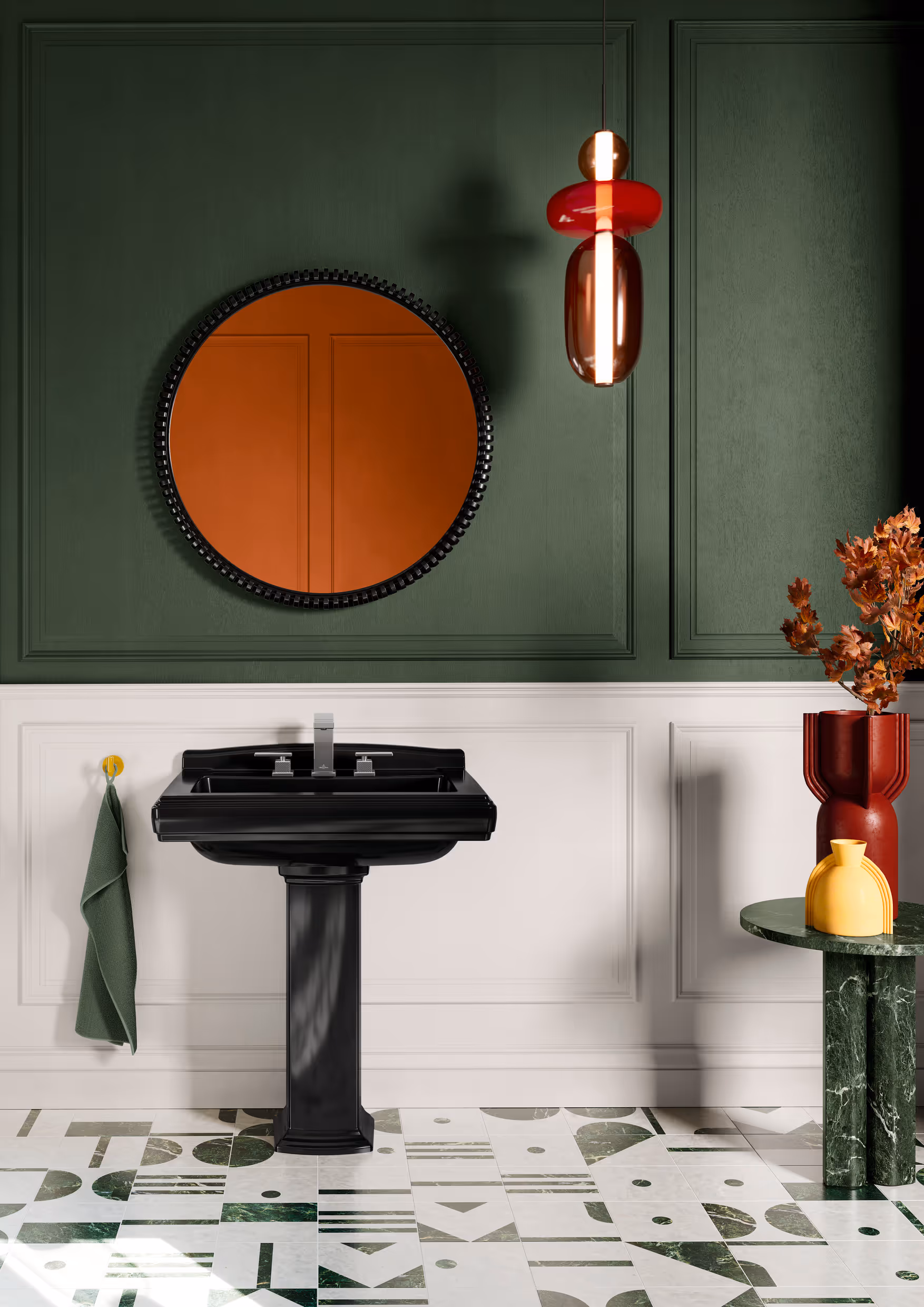 Villeroy & Boch badkamer in kleurrijke vintage-stijl met zwarte wastafel en groene wand