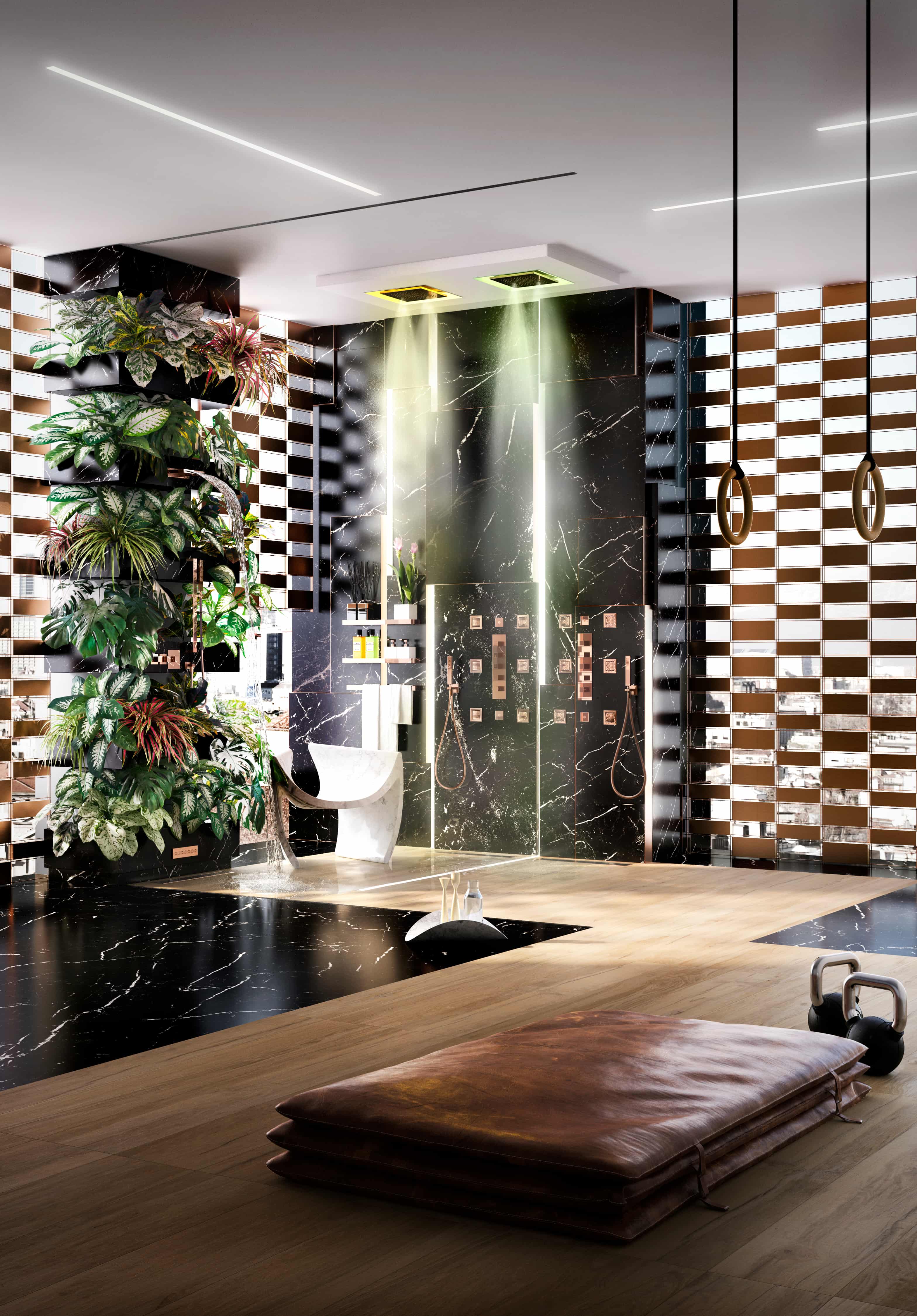 Gessi Afilo regendouche in spa-badkamer met zwart marmer en planten