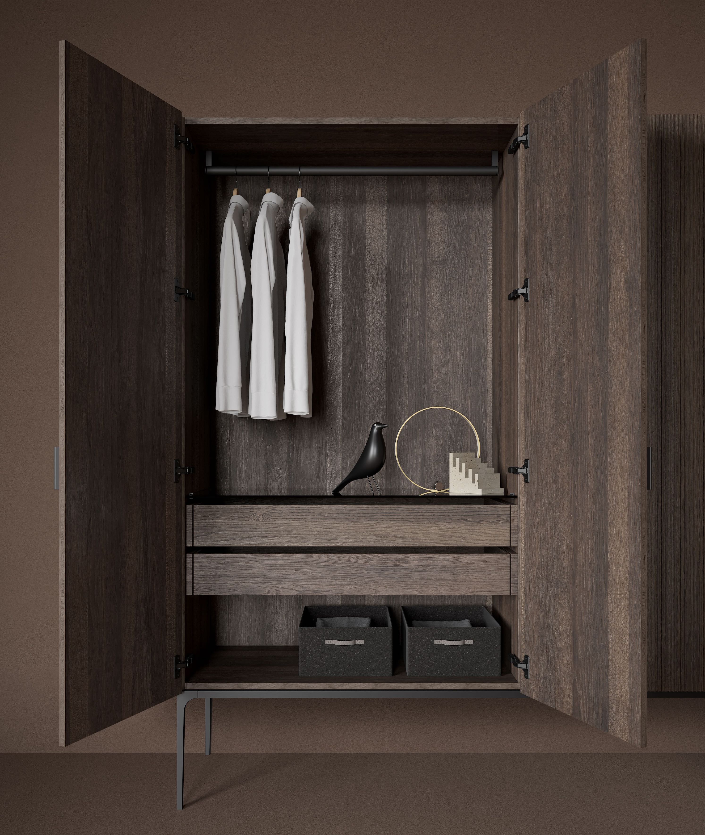 Inbani Grate kledingkast in donker hout met kleding en opbergdozen