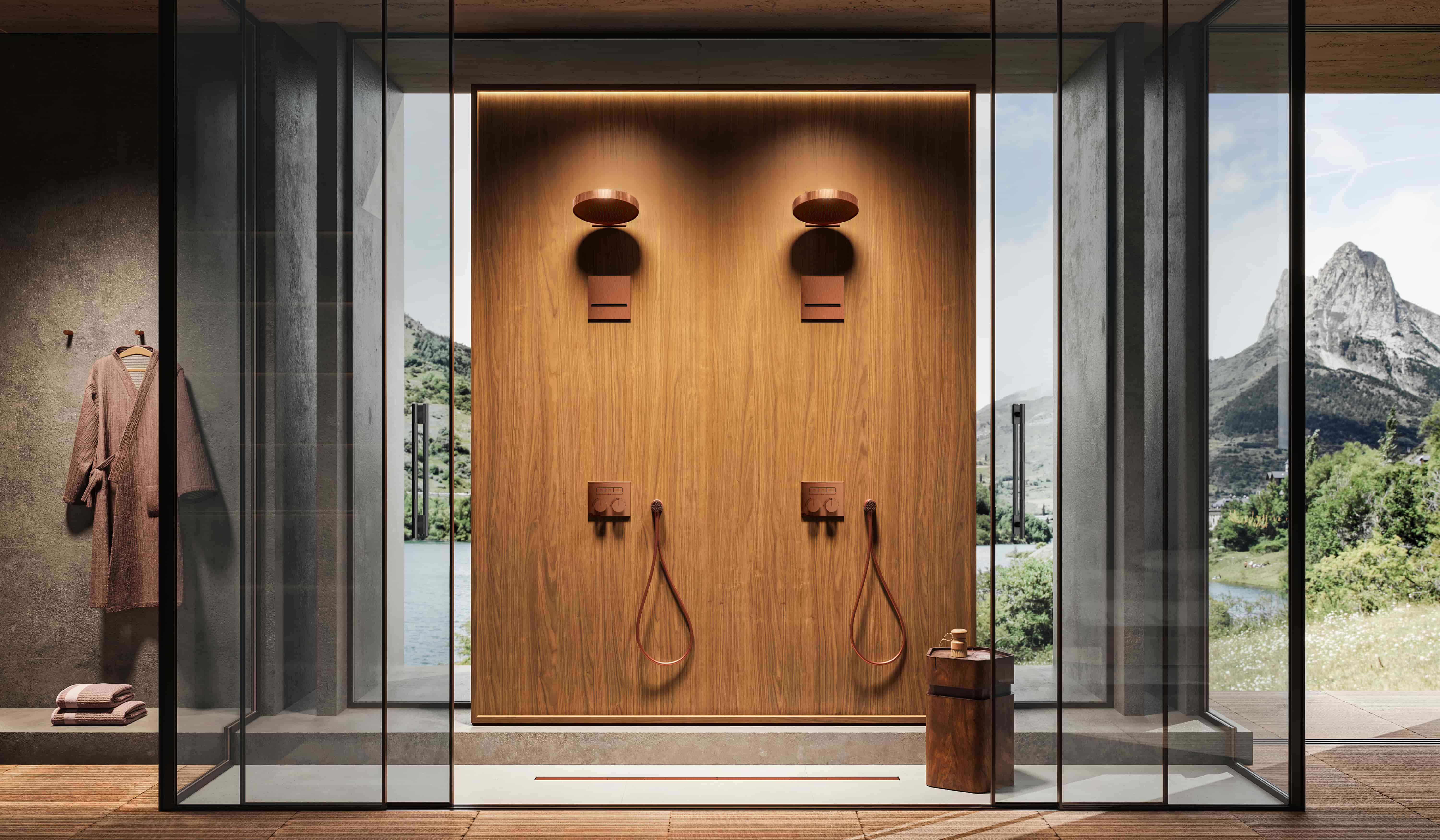 Gessi Incastri douchesysteem met leren doucheslangen tegen houten wand